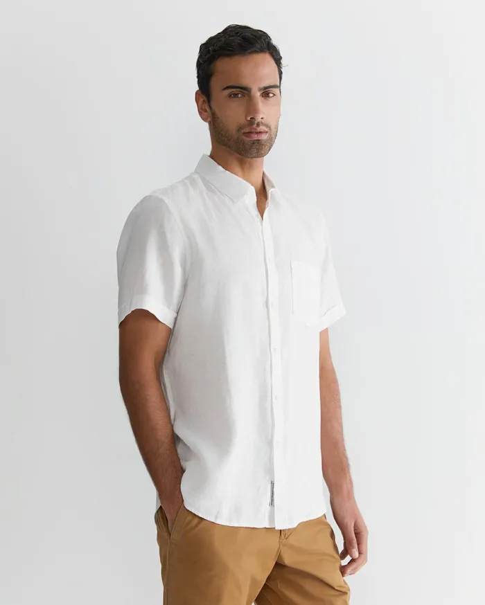 Men Sportscraft Shirts Short Sleeve Linen Shirt White