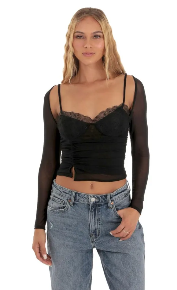 Mesh Lace Top Black Women LUCY IN THE SKY Tops