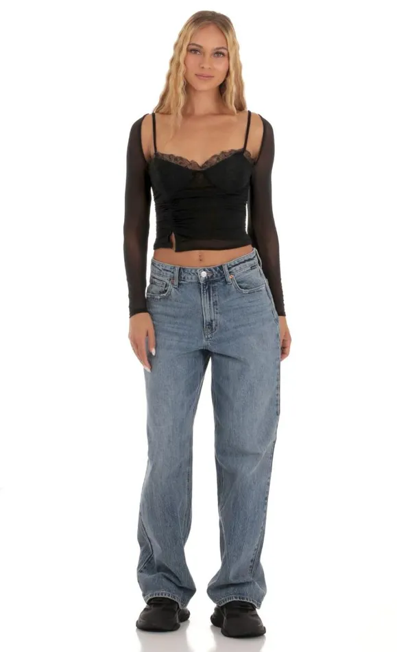 Mesh Lace Top Black Women LUCY IN THE SKY Tops Mesh Lace Top Black Women LUCY IN THE SKY Tops