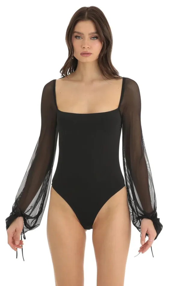 Mesh Long Sleeve Bodysuit Black Women LUCY IN THE SKY Tops