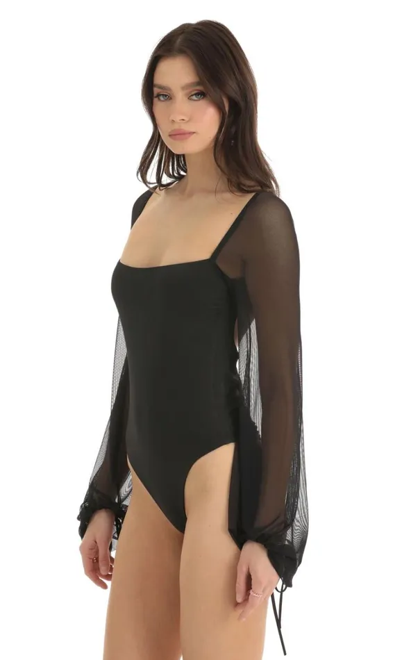 Mesh Long Sleeve Bodysuit Black Women LUCY IN THE SKY Tops Mesh Long Sleeve Bodysuit Black Women LUCY IN THE SKY Tops