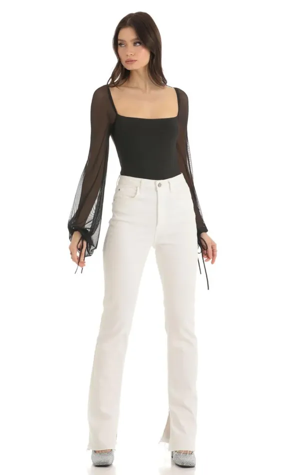 Mesh Long Sleeve Bodysuit Black Women LUCY IN THE SKY Tops Mesh Long Sleeve Bodysuit Black Women LUCY IN THE SKY Tops