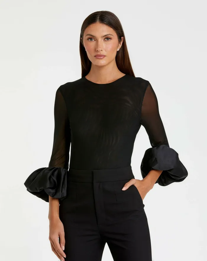 Mesh Long Sleeve Bodysuit With Satin Puff Sleeve 8211 FINAL SALE Black Women Blouses and Tops Mac Duggal