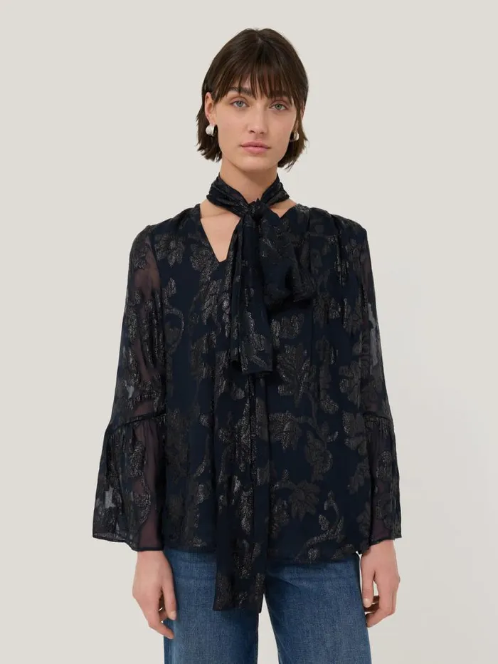 Metallic Jacquard Top Navy Women Jigsaw Shirts and Tops