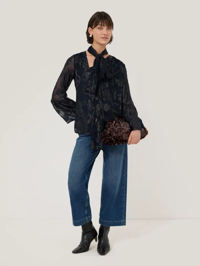 Metallic Jacquard Top Navy Women Jigsaw Shirts and Tops