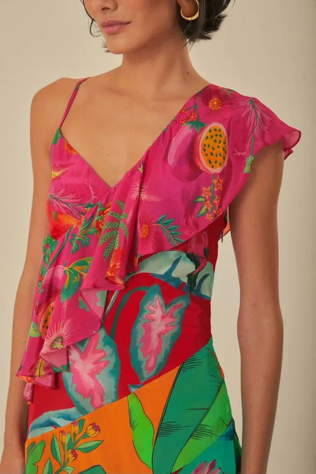 Mixed Flowery Rufle One Strap Midi Dress Women FARM Rio Midi Dresses