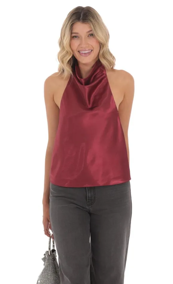 Mock Neck Satin Top Burgundy Women LUCY IN THE SKY Tops