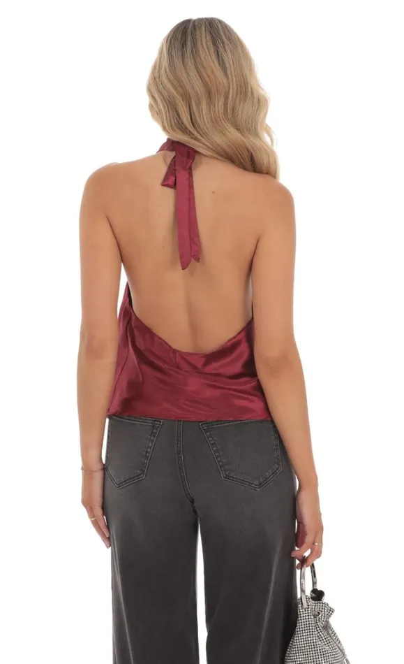 Mock Neck Satin Top Burgundy Women LUCY IN THE SKY Tops