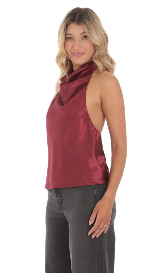 Mock Neck Satin Top Burgundy Women LUCY IN THE SKY Tops