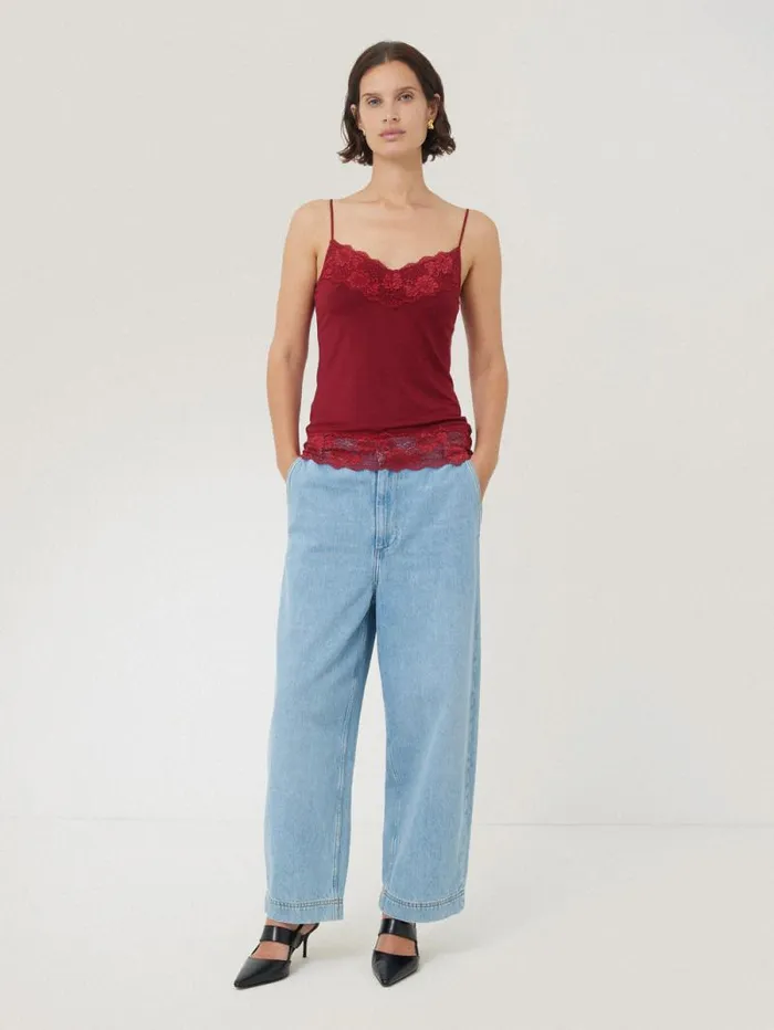 Modal Lace Vest Cinema Red Women Jigsaw Shirts and Tops