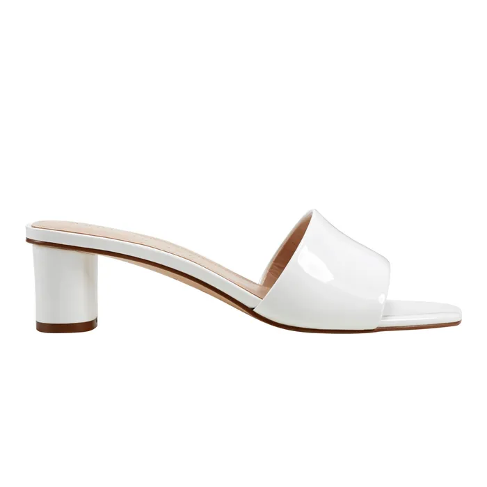 Mules and Slides Nemmie Heeled Slide Sandal White Patent Leather Marc Fisher Women