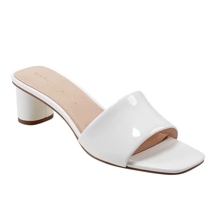 Mules and Slides Nemmie Heeled Slide Sandal White Patent Leather Marc Fisher Women