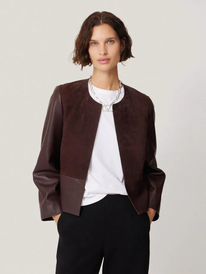 Nakoa Leather Mix Jacket Oxblood Women Jigsaw Coats and Jackets