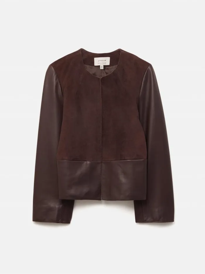 Nakoa Leather Mix Jacket Oxblood Women Jigsaw Coats and Jackets