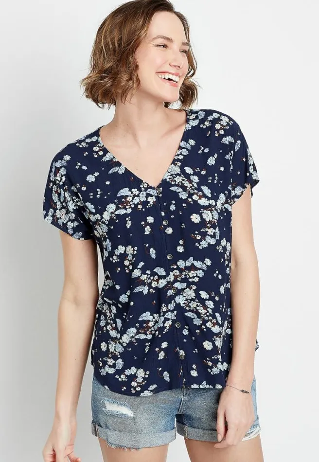 Navy Floral Short Sleeve Button Down Shirt Women Maurices Tops