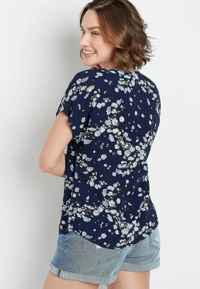 Navy Floral Short Sleeve Button Down Shirt Women Maurices Tops