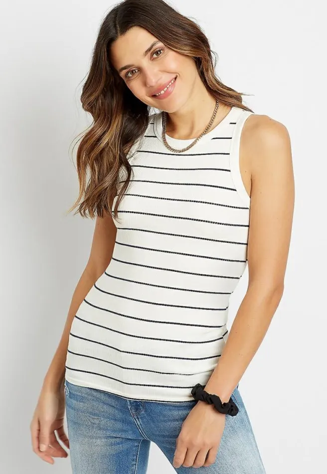 Navy Stripe High Neck Fitted Ribbed Tank Top Women Maurices Tops