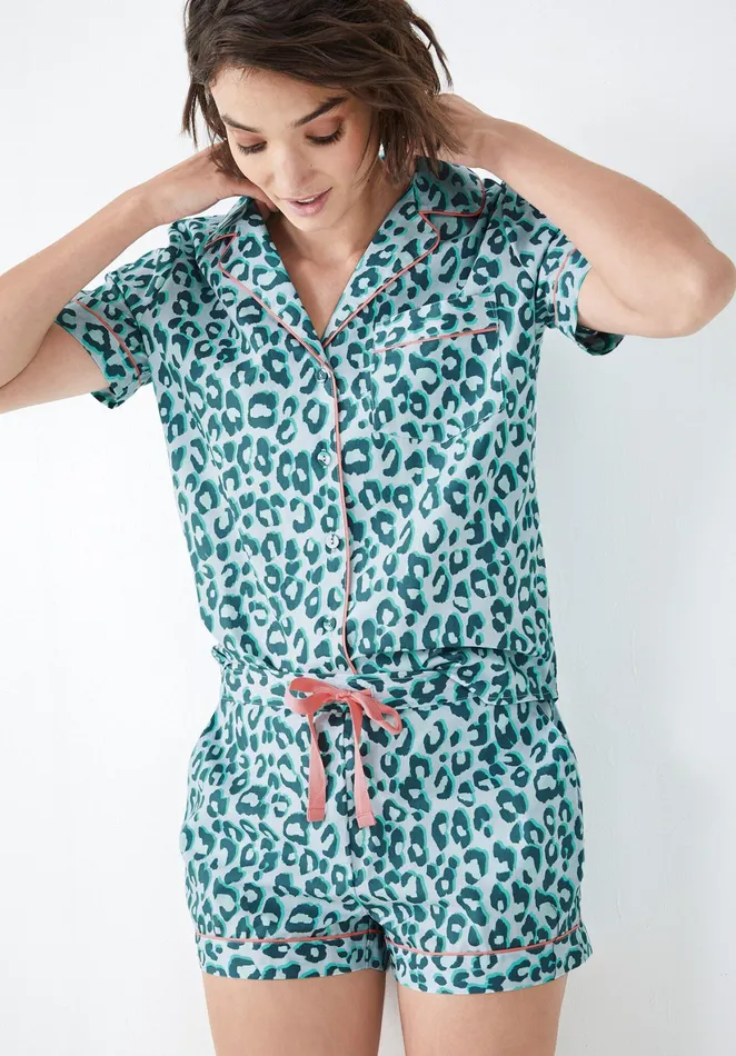 Nightwear Women Hush Isla Printed Cotton Pyjamas Leopard Shadow Bluegreen