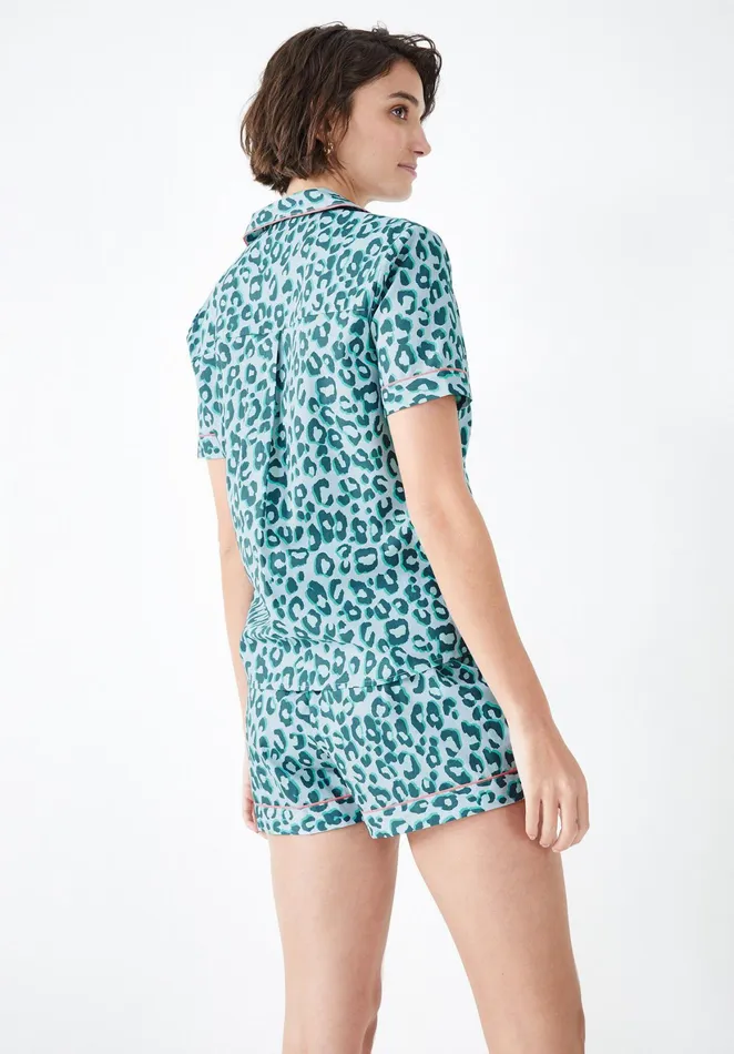 Nightwear Women Hush Isla Printed Cotton Pyjamas Leopard Shadow Bluegreen