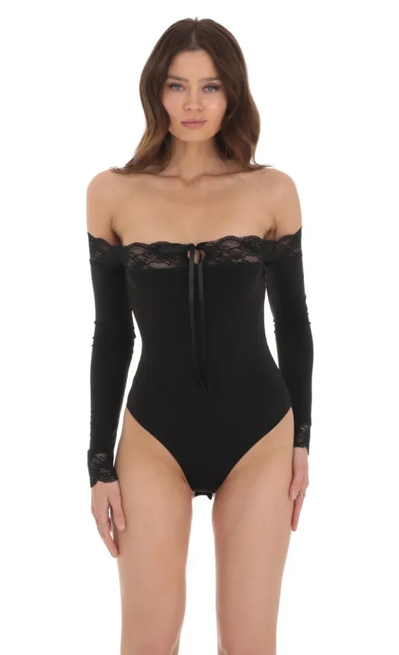 Off Shoulder Lace Bodysuit Black Women LUCY IN THE SKY Bodysuits