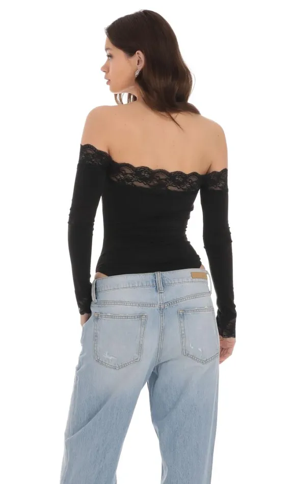 Off Shoulder Lace Bodysuit Black Women LUCY IN THE SKY Bodysuits Off Shoulder Lace Bodysuit Black Women LUCY IN THE SKY Bodysuits