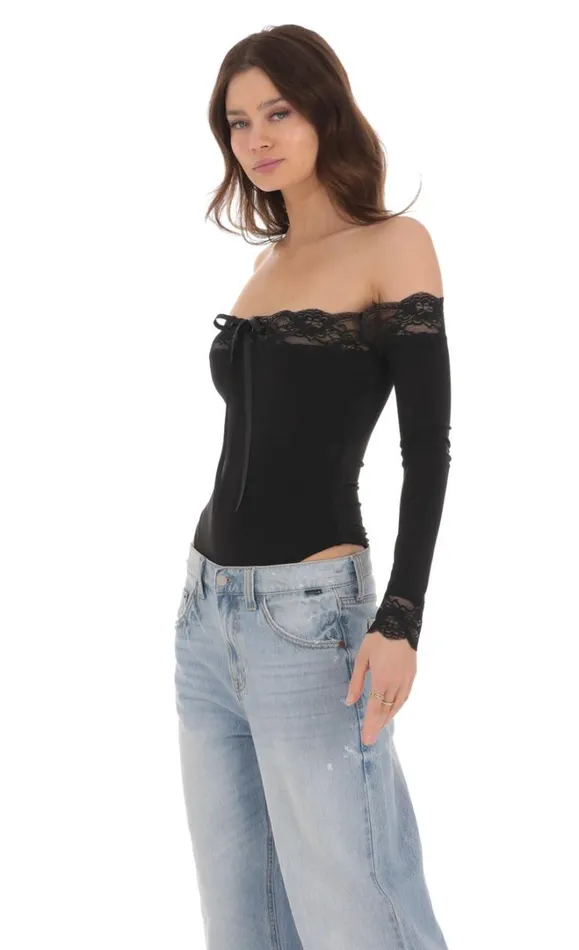 Off Shoulder Lace Bodysuit Black Women LUCY IN THE SKY Bodysuits Off Shoulder Lace Bodysuit Black Women LUCY IN THE SKY Bodysuits