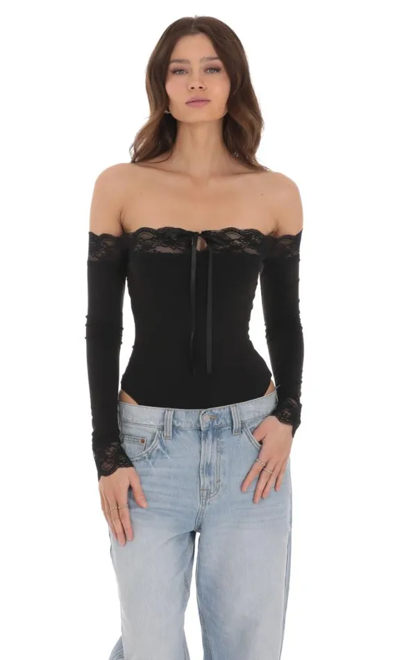 Off Shoulder Lace Bodysuit Black Women LUCY IN THE SKY Bodysuits Off Shoulder Lace Bodysuit Black Women LUCY IN THE SKY Bodysuits