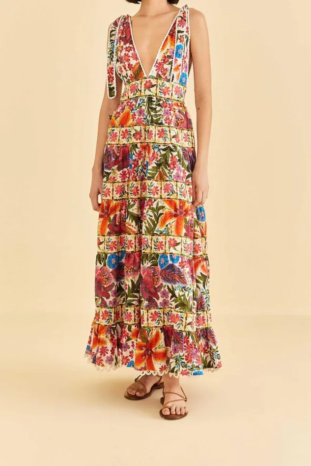 OffWhite Tropical Yard Sleeveless Midi Dress Women FARM Rio Midi Dresses