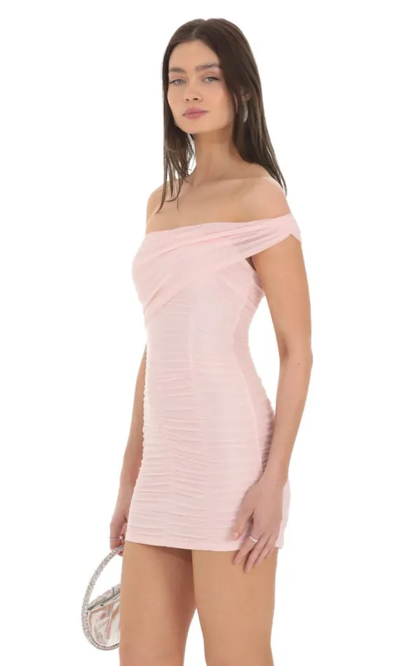 One Off Shoulder Mesh Bodycon Dress Pink Women LUCY IN THE SKY Mini Dresses One Off Shoulder Mesh Bodycon Dress Pink Women LUCY IN THE SKY Mini Dresses