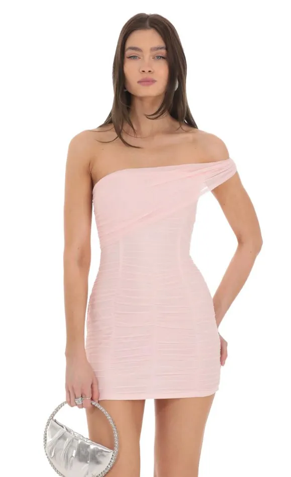 One Off Shoulder Mesh Bodycon Dress Pink Women LUCY IN THE SKY Mini Dresses One Off Shoulder Mesh Bodycon Dress Pink Women LUCY IN THE SKY Mini Dresses
