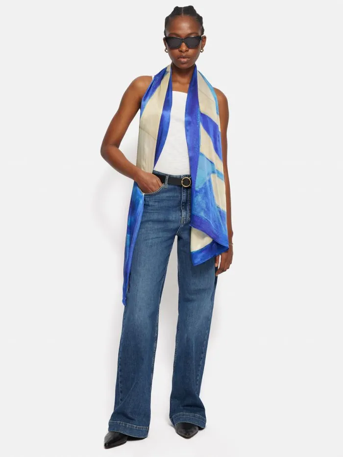 Pastel Abstract Oversized Silk Scarf Blue Women Jigsaw Ponchos and Scarves