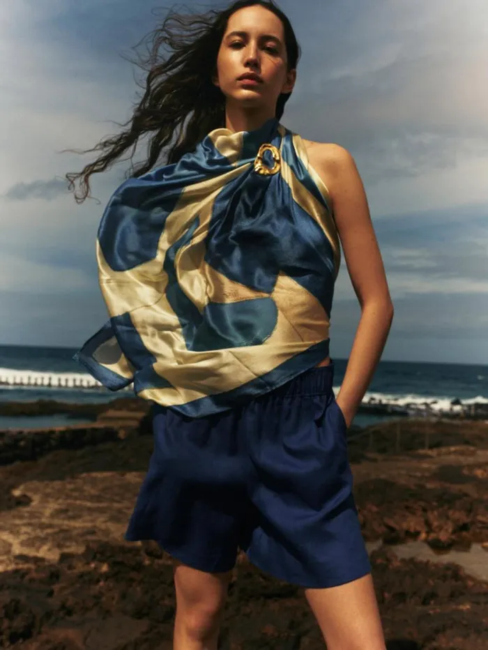 Pastel Abstract Oversized Silk Scarf Blue Women Jigsaw Ponchos and Scarves