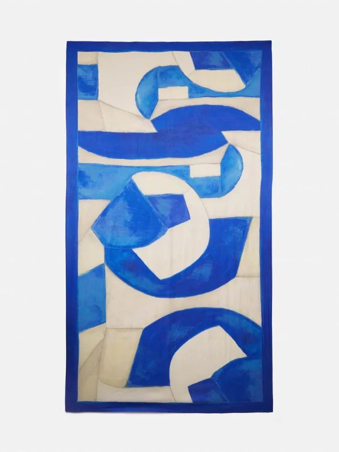 Pastel Abstract Oversized Silk Scarf Blue Women Jigsaw Ponchos and Scarves