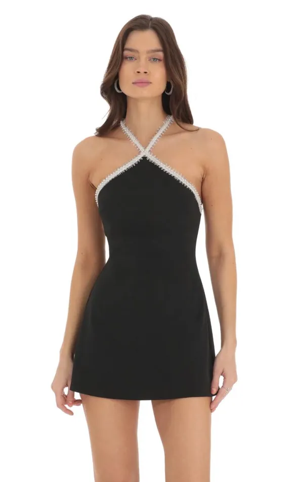 Pearl Halter Dress Black Women LUCY IN THE SKY Mini Dresses