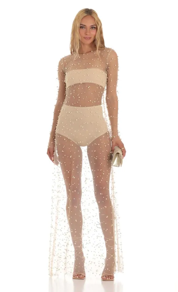 Pearl Mesh Dress Beige Women LUCY IN THE SKY Maxi Dresses