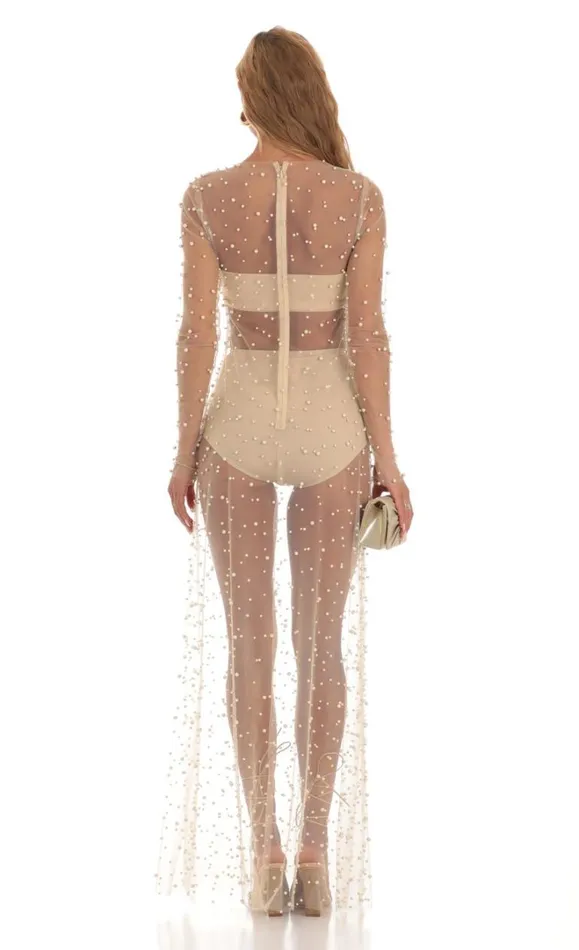 Pearl Mesh Dress Beige Women LUCY IN THE SKY Maxi Dresses Pearl Mesh Dress Beige Women LUCY IN THE SKY Maxi Dresses