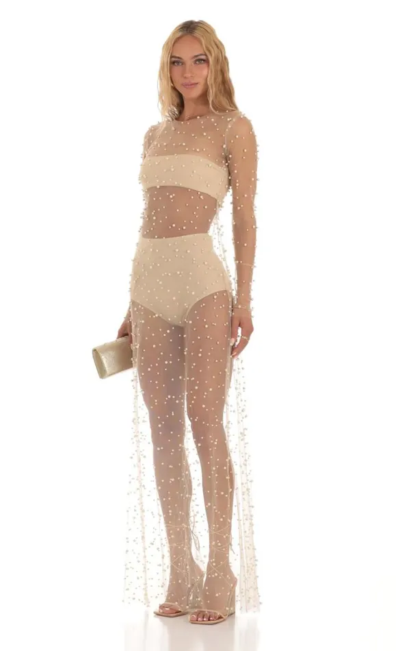 Pearl Mesh Dress Beige Women LUCY IN THE SKY Maxi Dresses Pearl Mesh Dress Beige Women LUCY IN THE SKY Maxi Dresses