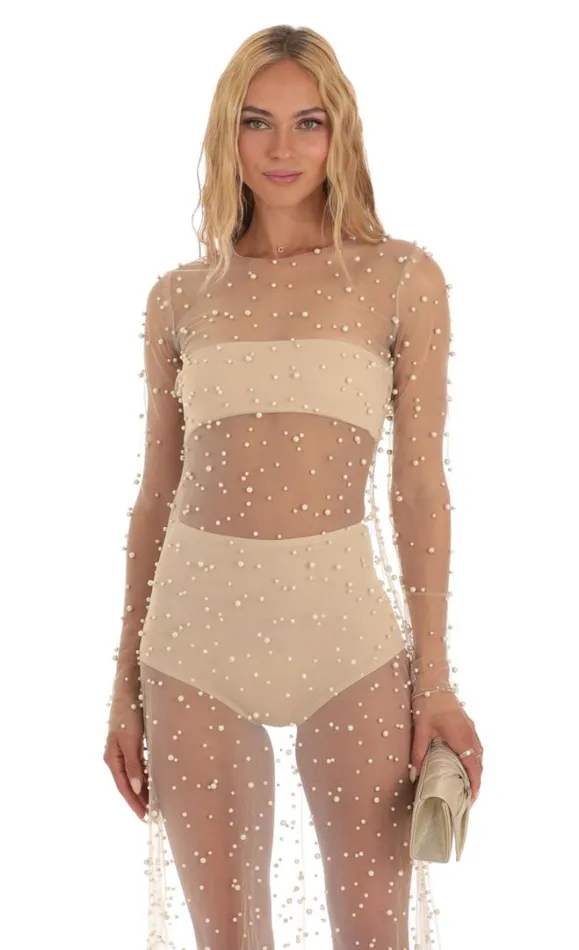 Pearl Mesh Dress Beige Women LUCY IN THE SKY Maxi Dresses Pearl Mesh Dress Beige Women LUCY IN THE SKY Maxi Dresses