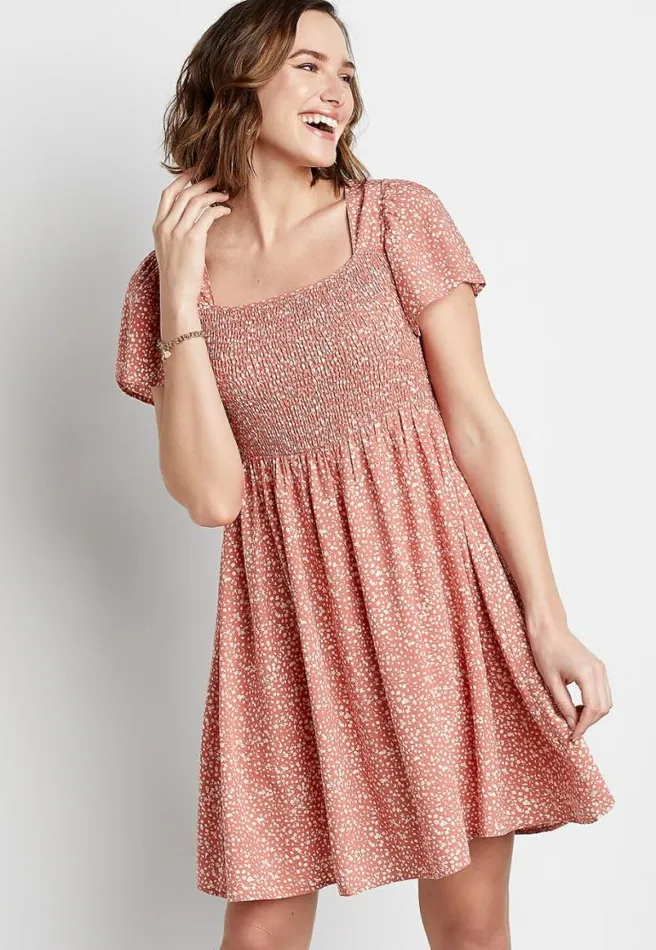 Pink Floral Smocked Top Babydoll Mini Dress Women Maurices Dresses and Jumpsuits