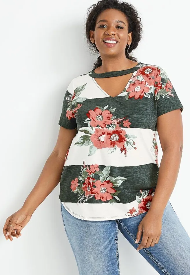 Plus Size 247 Floral Striped Keyhole Neck Tee Women Maurices Plus Tops
