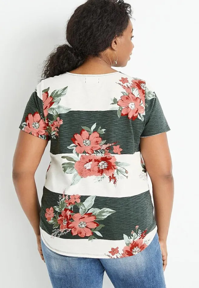 Plus Size 247 Floral Striped Keyhole Neck Tee Women Maurices Plus Tops