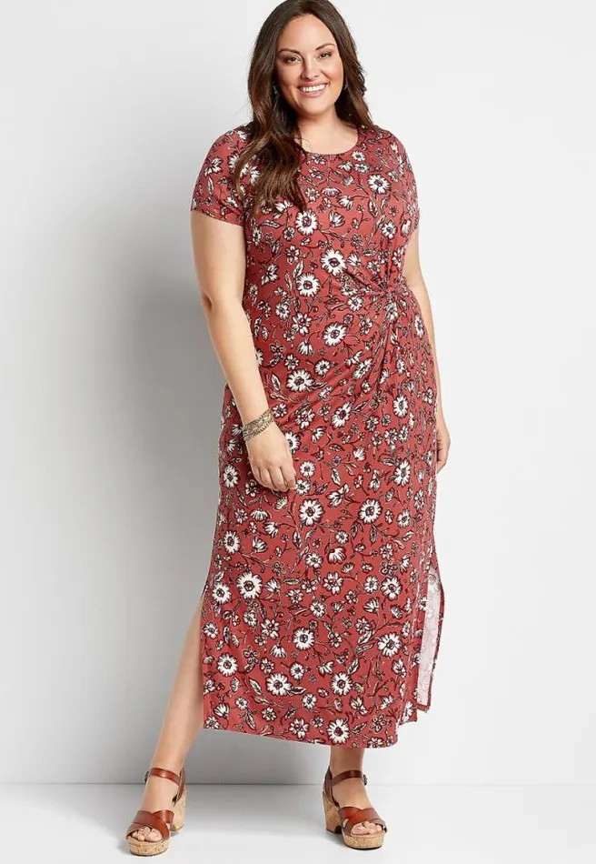 Plus Size 247 Pink Floral Knot Front Maxi Dress Women Maurices Plus Dresses and Jumpsuits