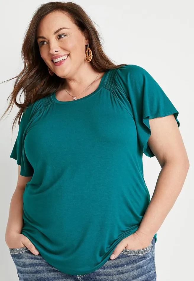Plus Size 247 Solid Smocked Flutter Sleeve Top Women Maurices Plus Tops