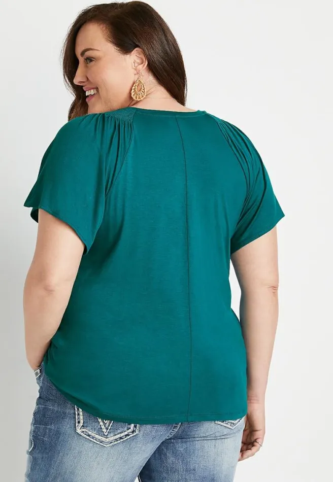 Plus Size 247 Solid Smocked Flutter Sleeve Top Women Maurices Plus Tops