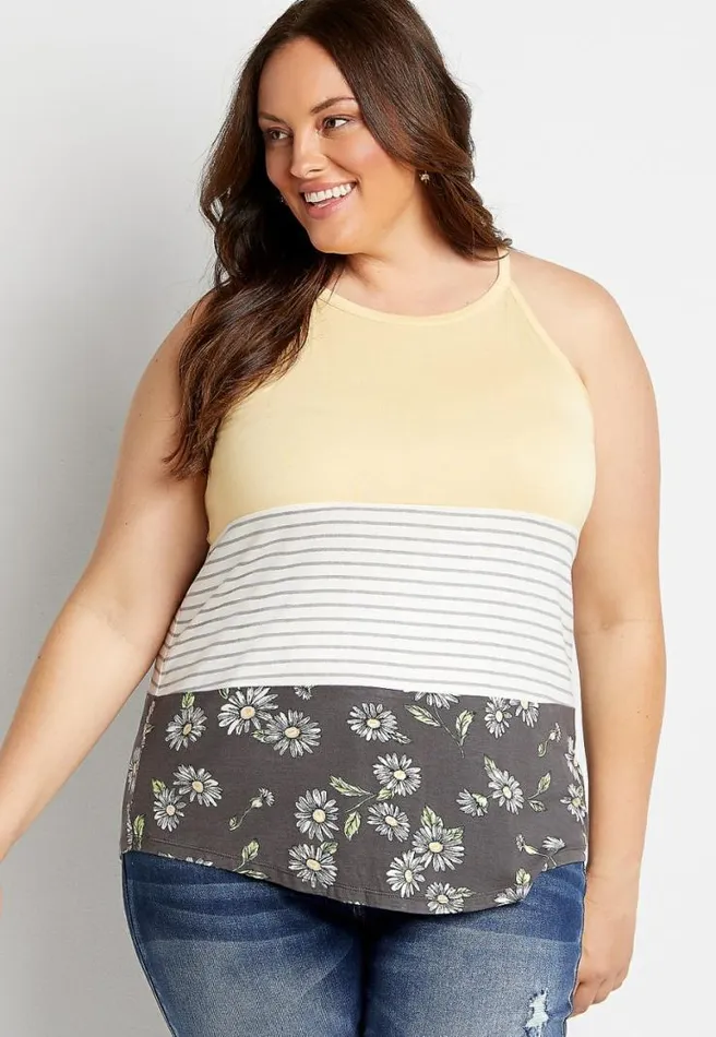 Plus Size 247 Yellow Floral Stripe High Neck Tank Top Women Maurices Plus Tops