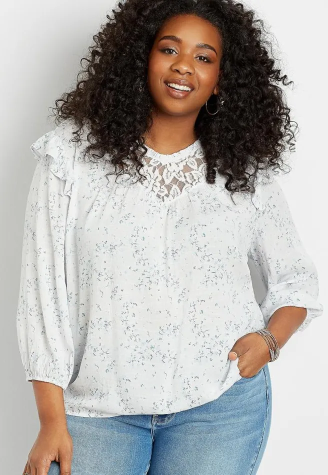 Plus Size Blue Floral Lace 34 Sleeve Swing Top Women Maurices Plus Tops