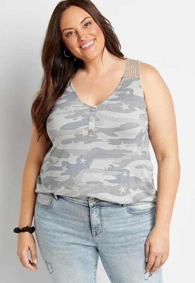 Plus Size Camo Macrame Back Button Front Tank Top Women Maurices Plus Tops
