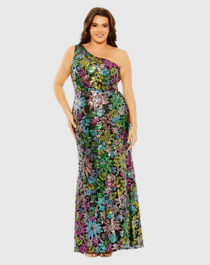 Plus Size Dresses Mac Duggal Women One Shoulder Floral Sequin Gown Black Multi