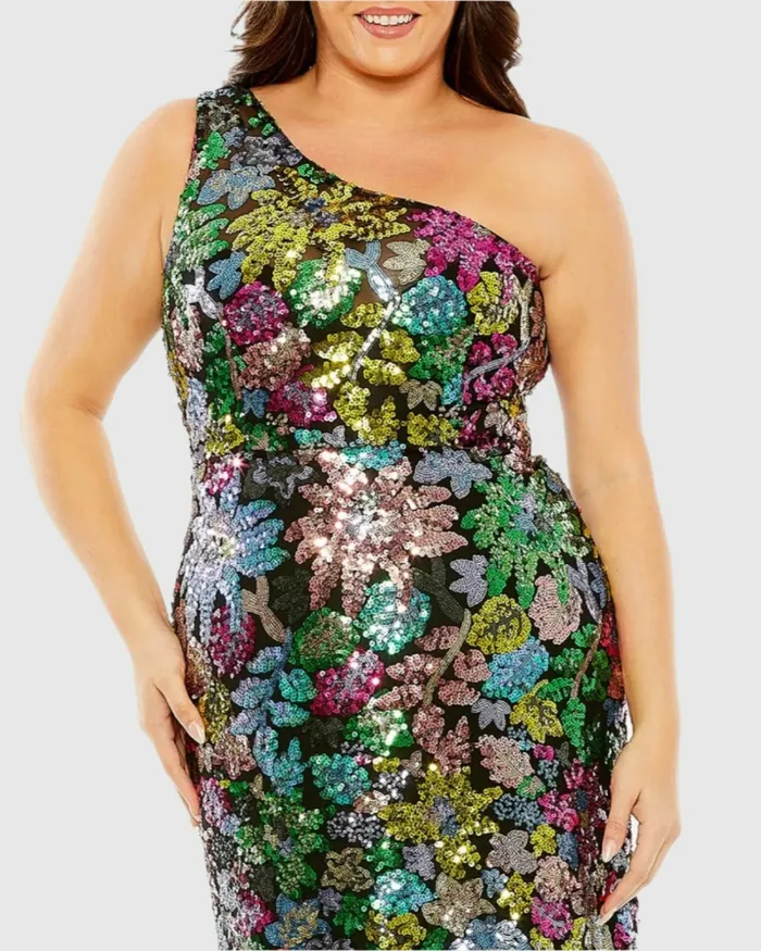 Plus Size Dresses Mac Duggal Women One Shoulder Floral Sequin Gown Black Multi