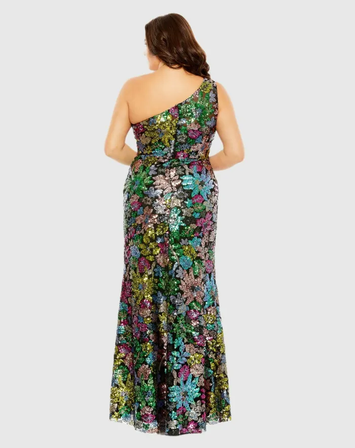 Plus Size Dresses Mac Duggal Women One Shoulder Floral Sequin Gown Black Multi